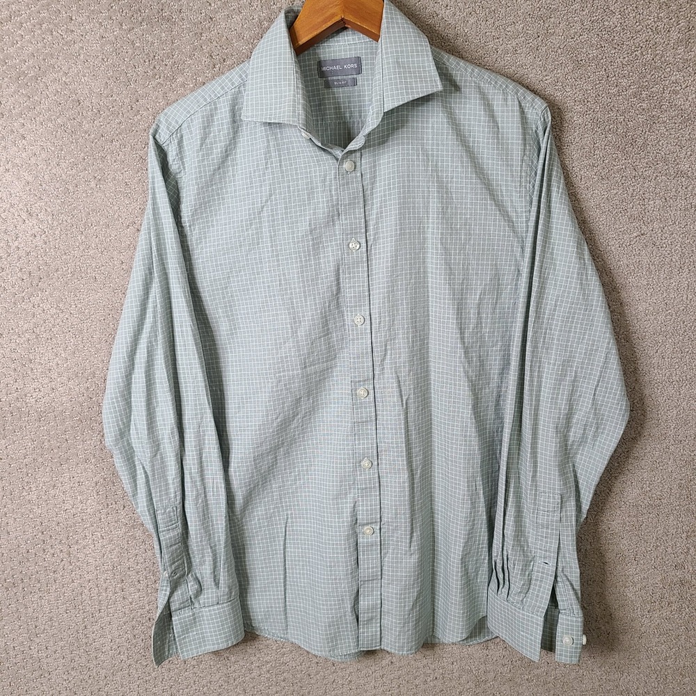 Michael Kors Shirt Mens L Green Check Slim Fit Button Down 100% Cotton Casual
